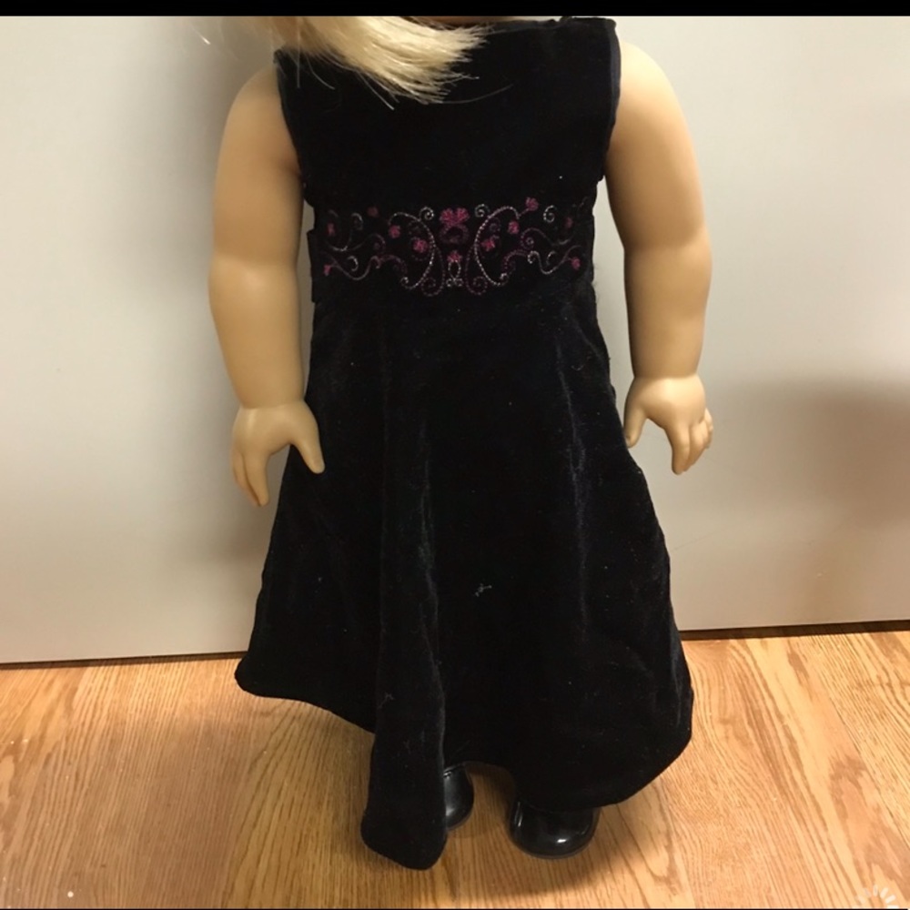 American Girl Velvet Dress and black shoes